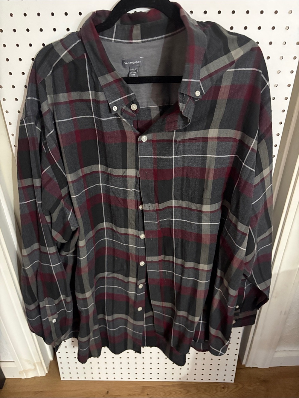 Van Heusen Men's Gray and Burgundy Plaid Button-Down Shirt